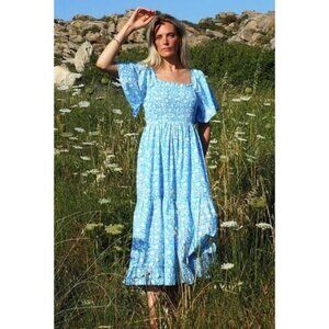 Pink City Prints Indigo Floral Lolita Smocked Midi Dress Blue Cotton Size Medium